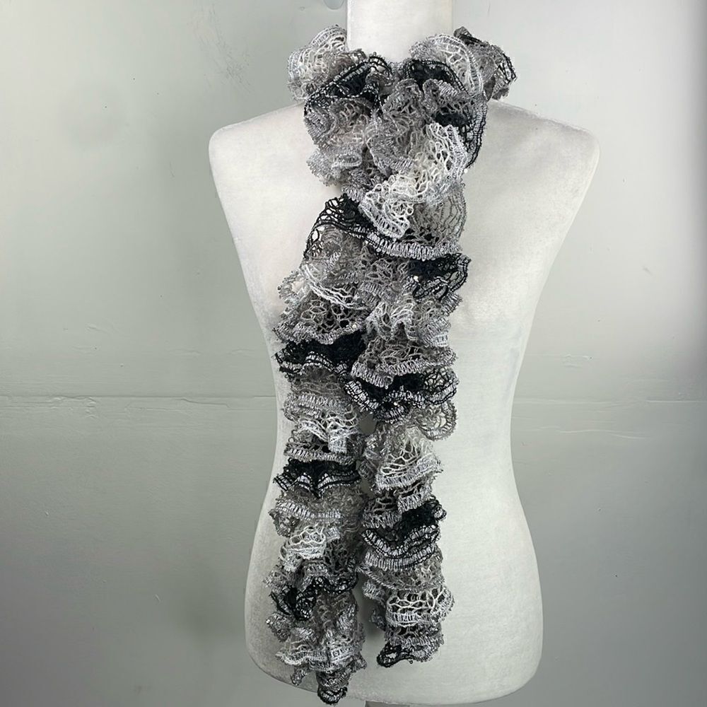 SCARF Crocheted Ruffle Scarf White, Gray & Silver Shimmery